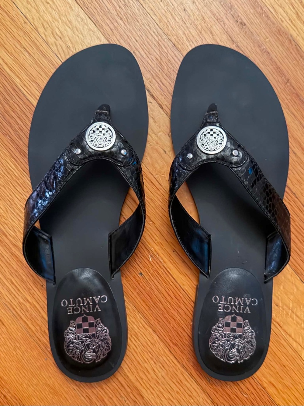 Vince Camuto Black Embellished Thong Sandals with Silver Medallions
